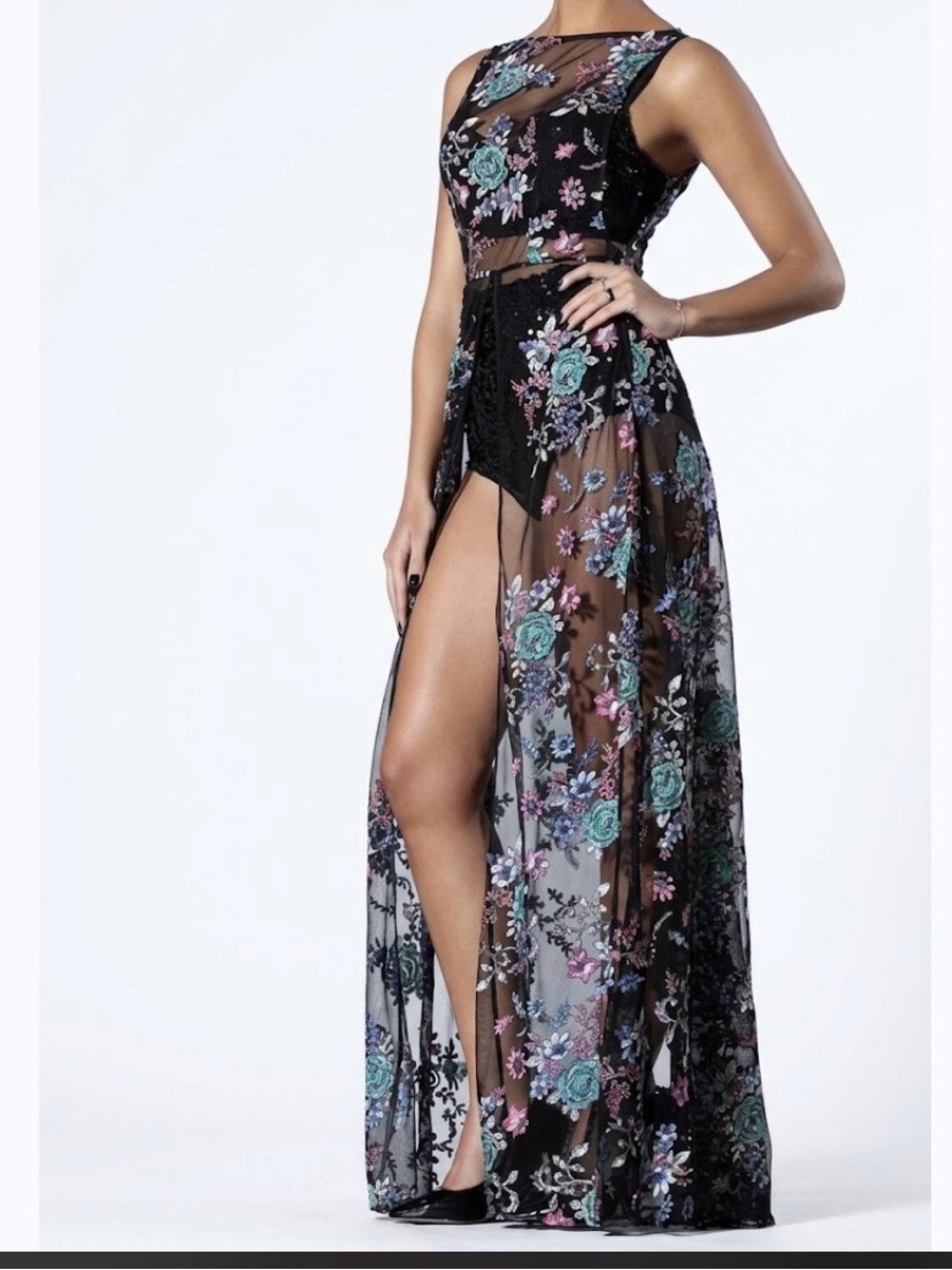 HOUSE OF CB LONDON Black Sheer High-Low Gown with Teal and Pink Floral Embroider